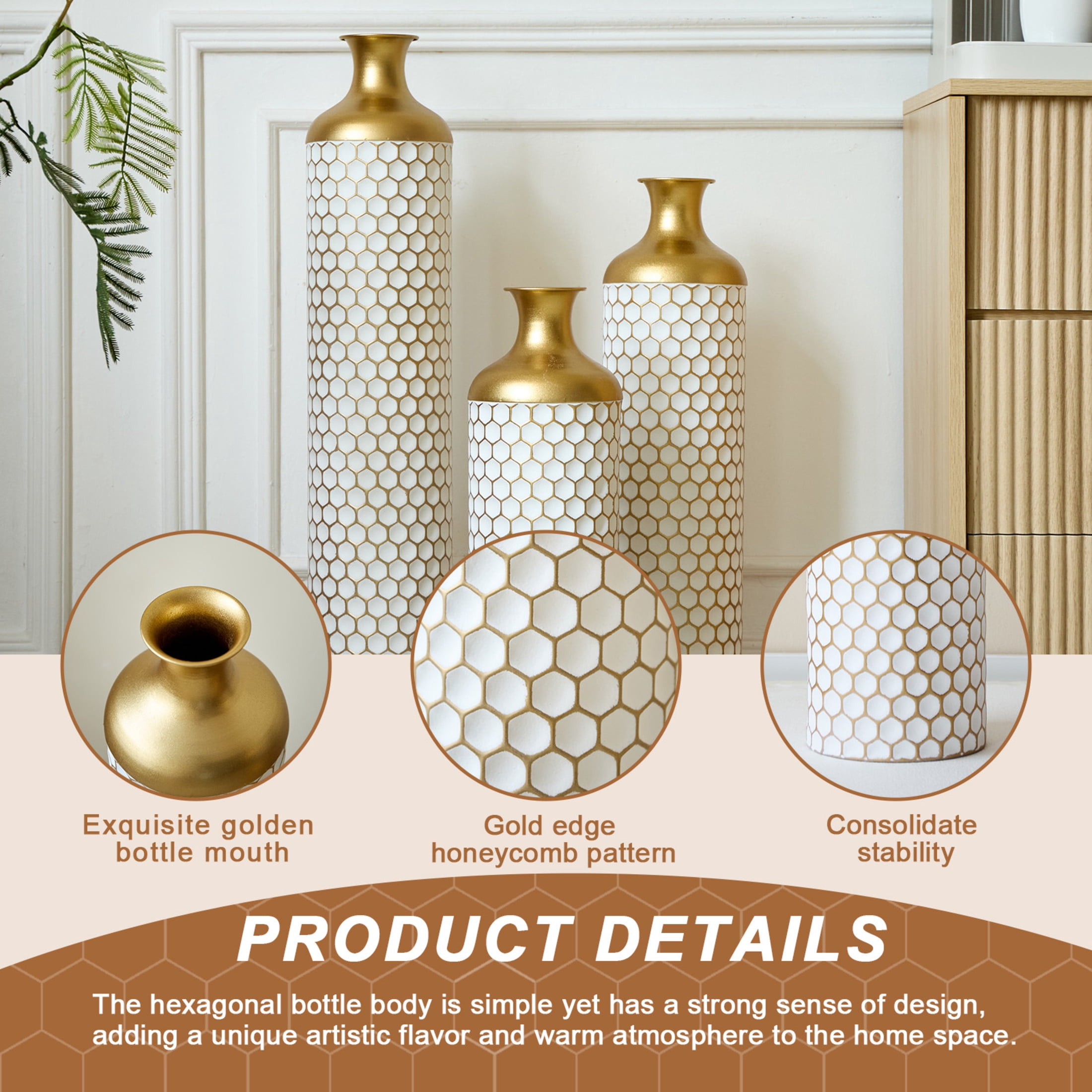 Noble House 3-Piece Metal Floor Vase Set, Textured Honeycomb Pattern, Gold + White
