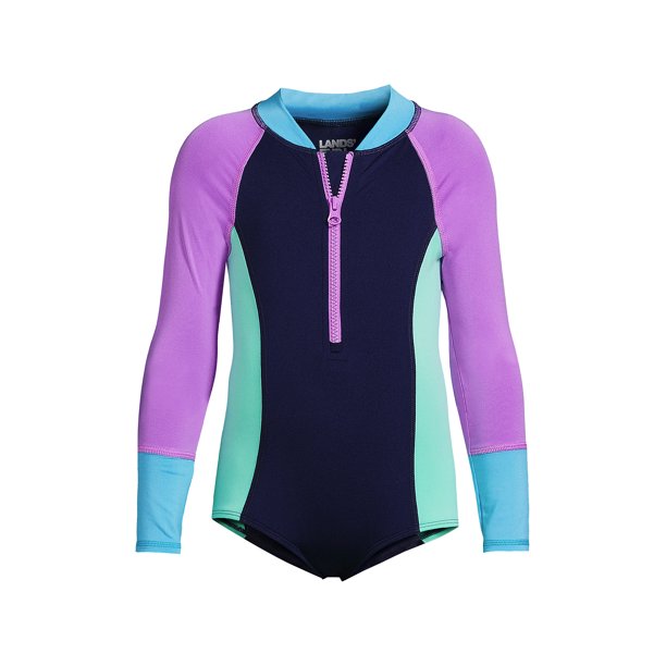 Lands' End Girls Long Sleeve Half Zip One Piece UPF 50 Swimsuit