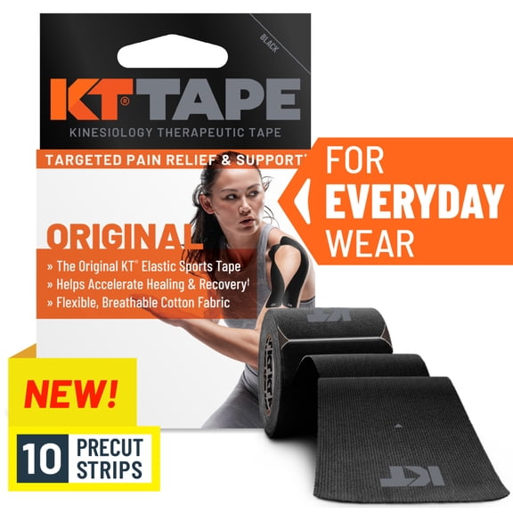 KT Tape Original Cotton Kinesiology Tape, Black, 10 Precut Strips