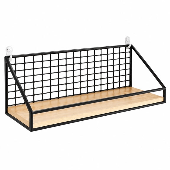 No Drill Wall Shelf, Industrial Wire Mesh Shelf with Wood Look