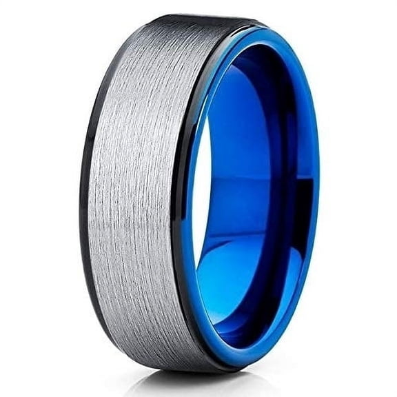 Silly King Jewelry 8mm Blue Tungsten Wedding Band - Silver Brush - Black Tungsten Ring (8.5)