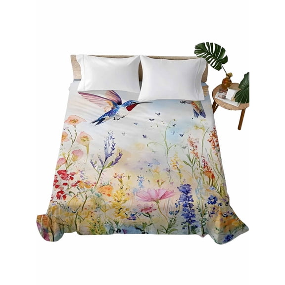 Spring Hummingbird Floral Flat Sheet Only Twin Size, Soft Breathable Bed Top Sheets for Mattress, Farmhouse Flower Botanical Luxury Bedding Flat Sheets for Home Hotel Bedroom Bed Protection