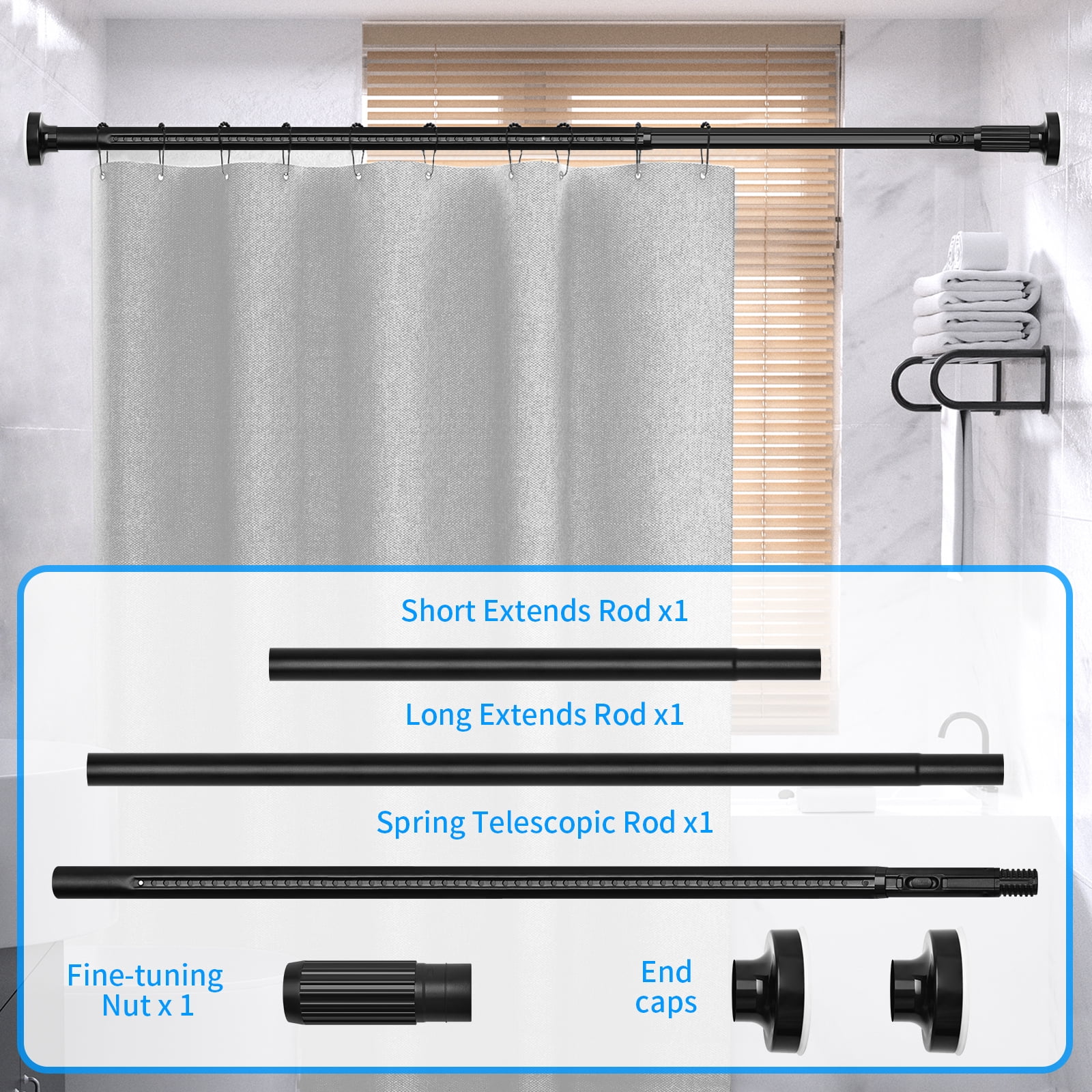 Ktinnead One-Push Tension Curtain Rod,94-122 in Extra Long Curtain Rods No Drill Adjustable Spring Shower Curtain Rod,Rustproof Steel for Window Patio Outdoor Bathroom,Matte Black