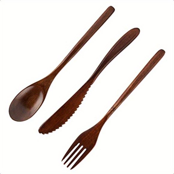 QUTETN 3pcs Wooden Spoon Fork Knife Cutlery Set Japanese Reusable Wooden Bamboo Cutlery Set