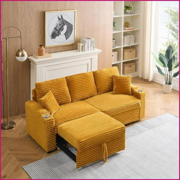 80-Inch 3-Person Corduroy Pull-Out Sofa with Cup Holders & Pillows – Versatile Living Room Furniture | Orange | Corduroy | Solid Wood Frame