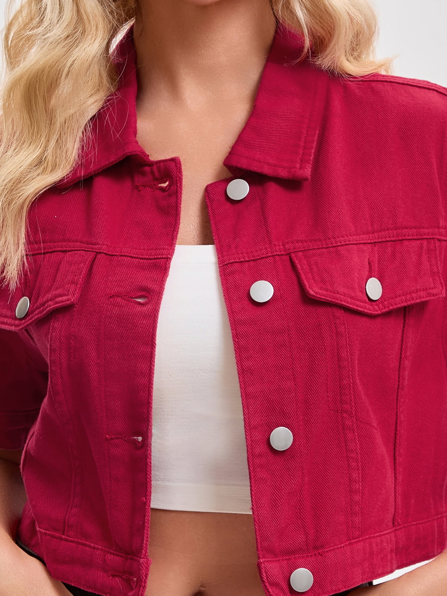 DARING DIVA Women's Short Sleeve Denim Rendy Casual Cropped Jean Jacket S Dark Red