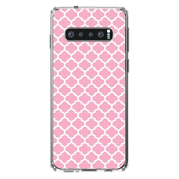 DistinctInk Clear Shockproof Hybrid Case for Samsung Galaxy S10 (6.1" Screen) - TPU Bumper, Acrylic Back, Tempered Glass Screen Protector - Pink White Moroccan Lattice