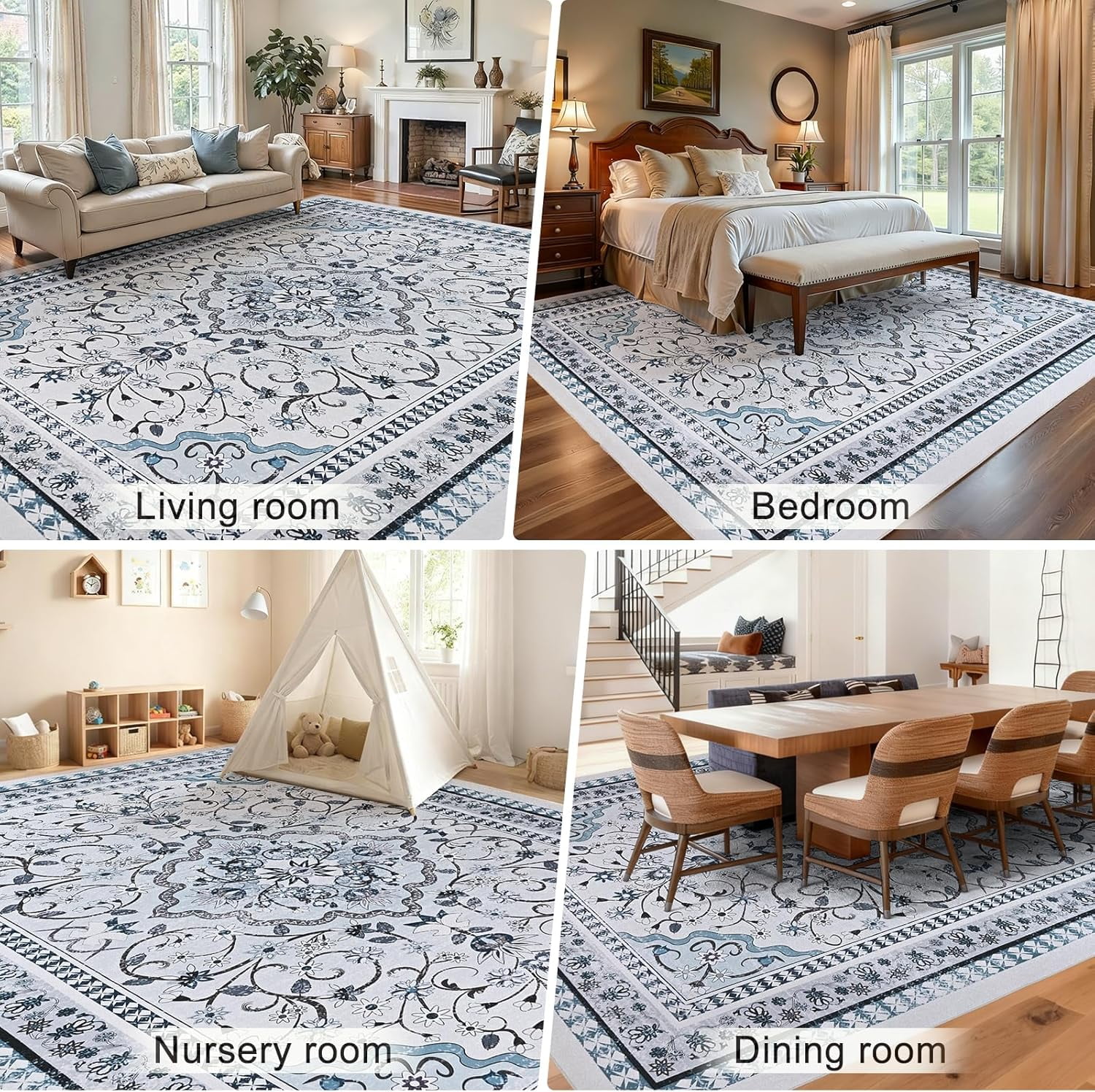 Bleum Cade 8'x10' Area Rugs for Living Room, Washable Rugs Vintage Rugs for Bedroom Dinning Room,Boho Floral Rug Ultra Soft Non Slip Durable Large Carpet Home Decor, Blue