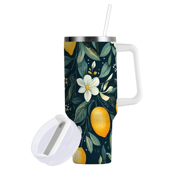 Yayeee 30oz Double-Wall Insulated Stainless Steel Tumbler with Handle Bottle, Blue Floral Lemons