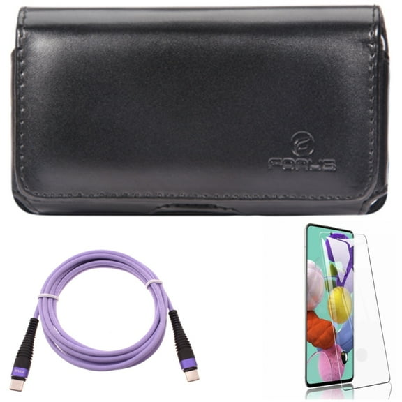 Purple 6ft PD Cable w Case Belt Clip w Screen Protector for Samsung Galaxy S20 - Type-C to USB-C Long Charger Cord, Leather Swivel, Tempered Glass [Fingerprint Z7P fits Samsung Galaxy S20 Model