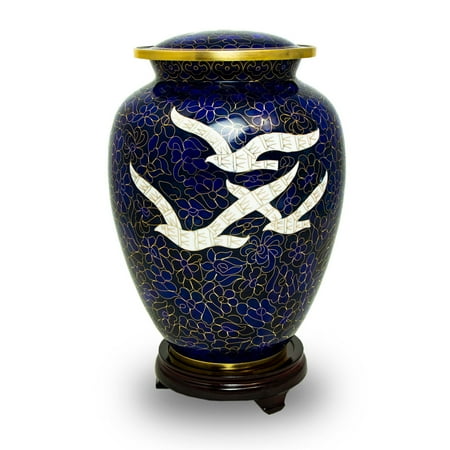Cloisonne Urn - Brass Cremation Urn For Human Ashes - Large 200 Pounds - Dark Blue Cloisonne Going Home Doves