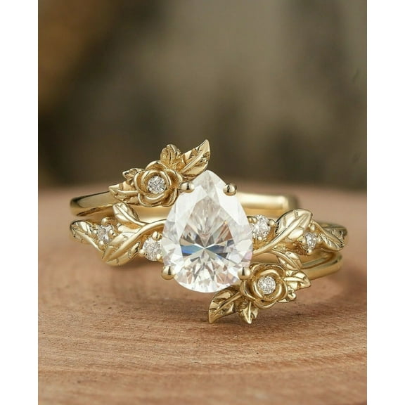 Gems Jewels 14K Yellow Gold Plated 2 Ct Pear Cut White Diamond Wedding Engagement Bridal Ring Set For Women's 925 Sterling Silver -8