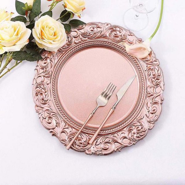 Platos de base redondos de plástico barroco con textura de madera, acrílico metálico, dorado rosa, 14" (6 unidades)