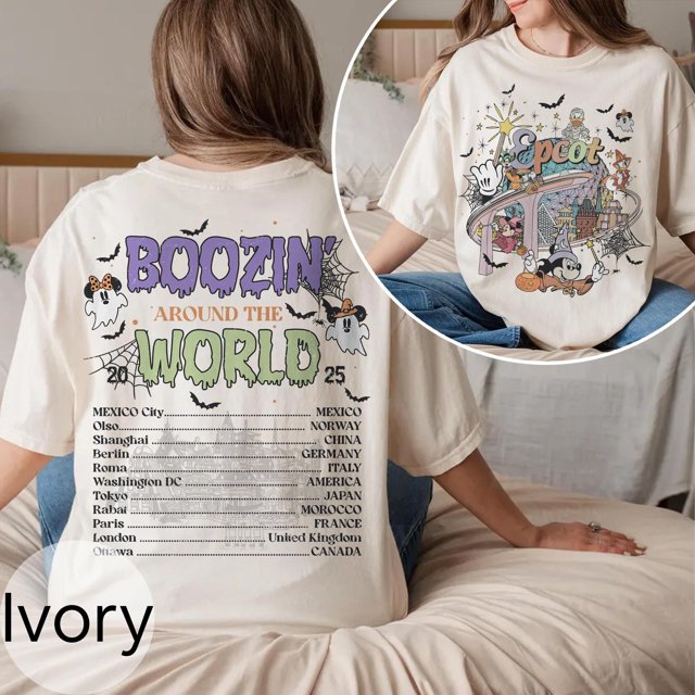 2-sided Epcot World Tour Halloween Shirt, Boozin Around The World 2025 Tee, Mickey & Frien - Pepper - L