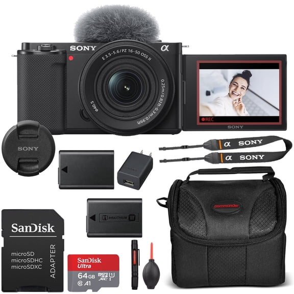 Sony ZV-E10 Mirrorless Camera with 16-50mm Lens Bundle   Extra Battery, 64GB Memory Card, Case & More (International Version)