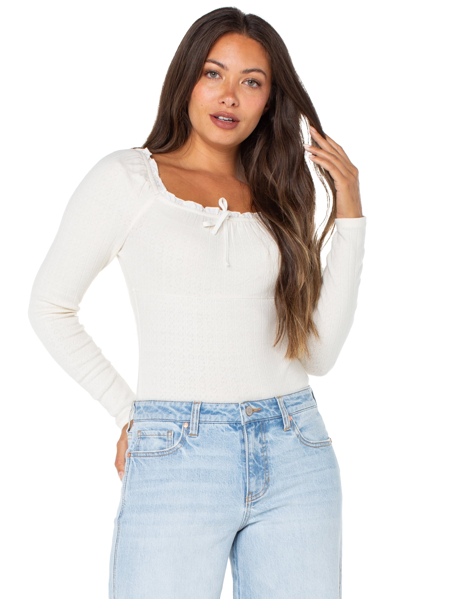 Celebrity Pink Women's and Women's Plus Puff Long Sleeve Pointelle Bodysuit, Sizes XS-XXXL
