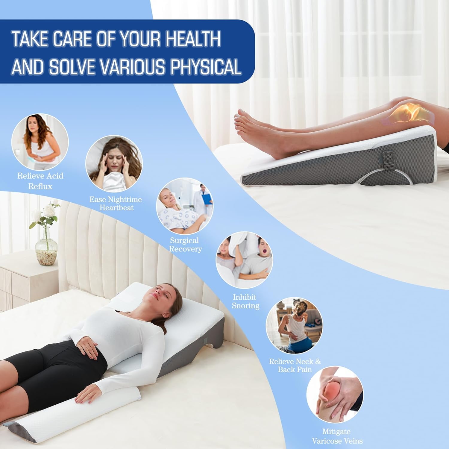 16-in-1 Adjustable Bed Wedge Pillow for Sleeping Memory Foam Triangle Pillow for Acid Reflux, Post-Surgery Recovery, Snoring, and Back Pain Relief