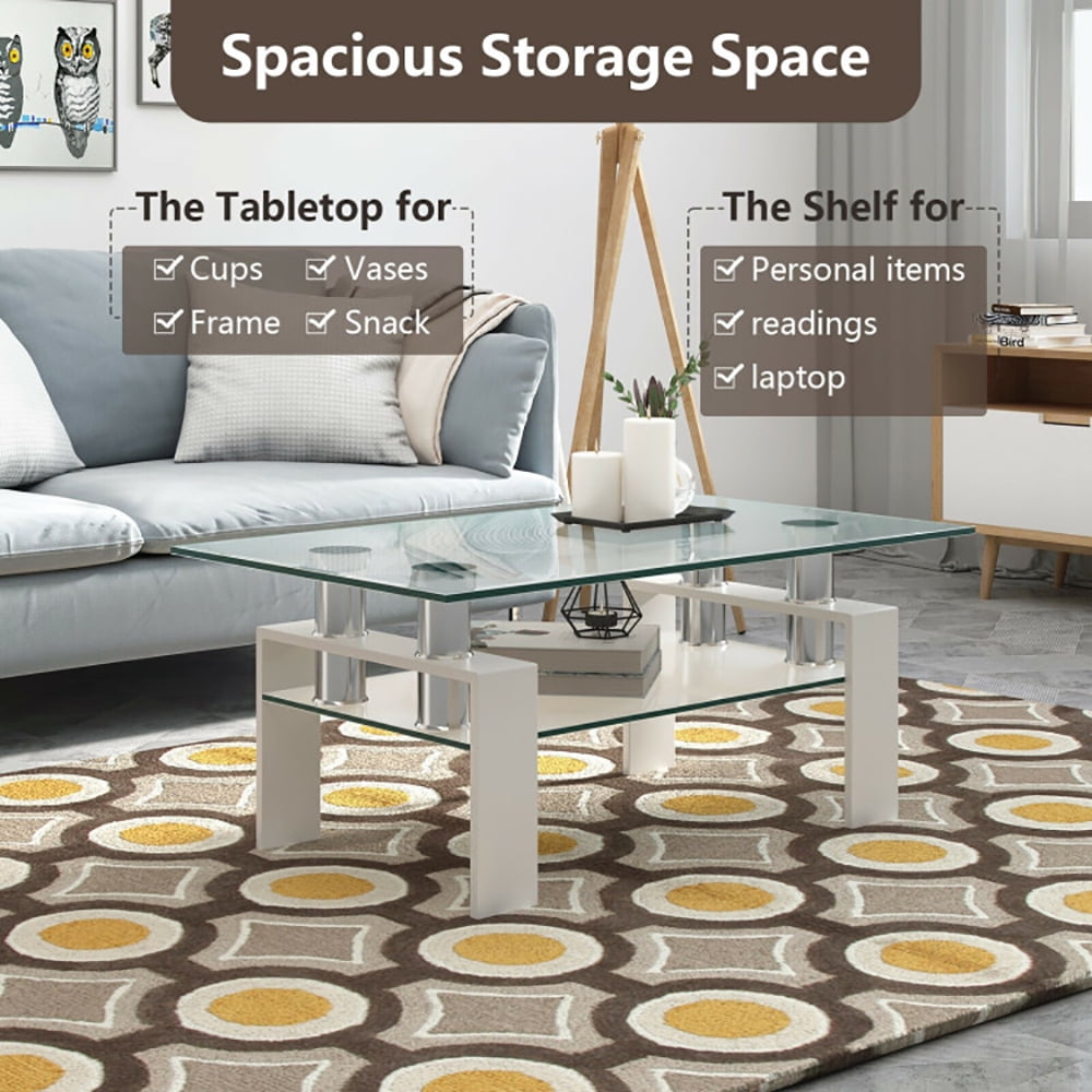 Finihen Glass Coffee Table, Rectangular Coffee Table, Rectangle Glass Coffee Table with Metal Legs, for Living Room, Reception Room, White Finihen Glass Coffee Table, Rectangular Coffee Table, Rectangle Glass Coffee Table with Metal Legs, for Living Room, Reception Room, White
