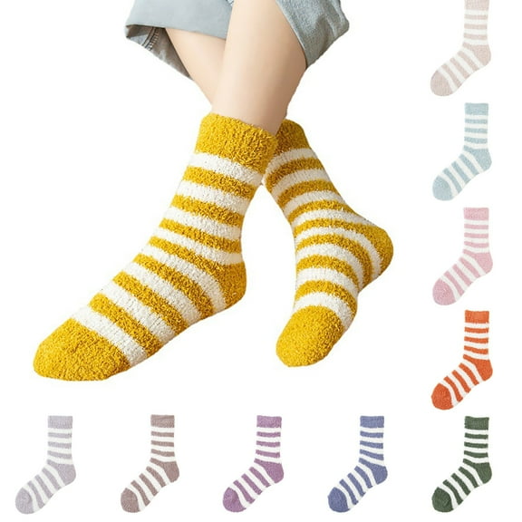 qinhaie Cozy Crew Socks for Women Warm Thermal Socks, Casual Stripe Coral Fleece, Colorful Lightweight Socks for Men, Yellow1