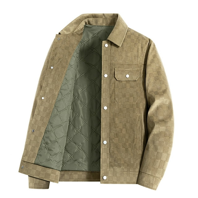Lovzfmll Men's Suede Leather Jacket Checkerboard Print Notched Lapel Snap Pockets Khaki, L