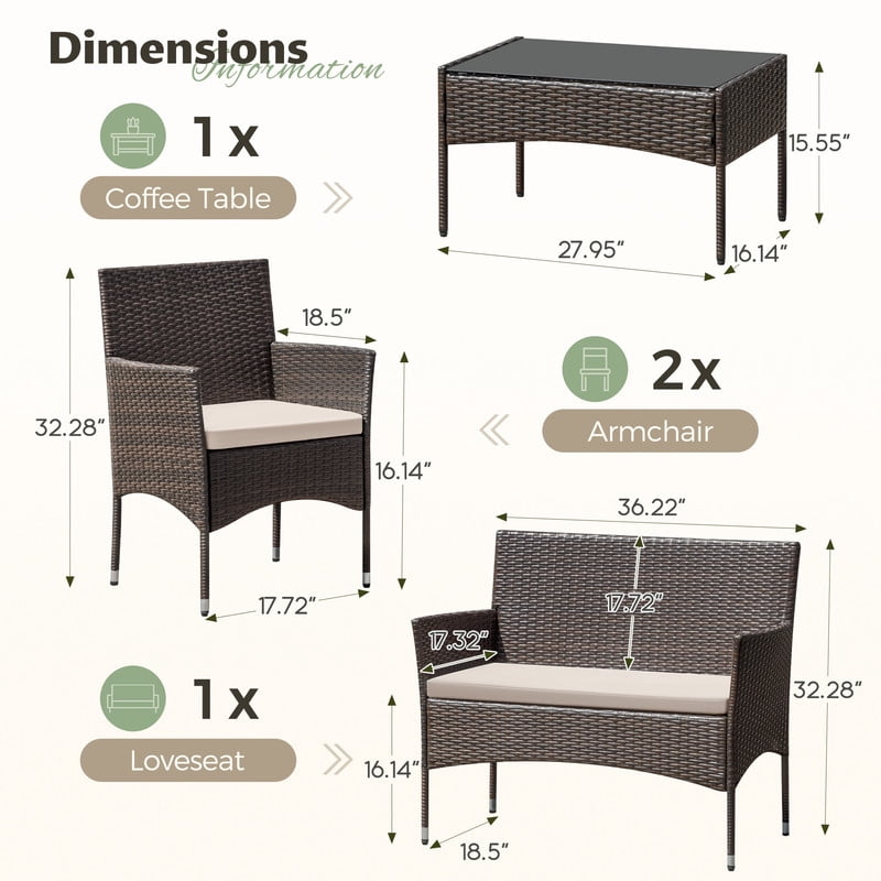 Vineego 4 4PCS Patio Furniture Set Outdoor Conversation Rattan Chairs with Cushion and Loveseat Glass Table for Garden Backyard Porch, Brown/ Beige