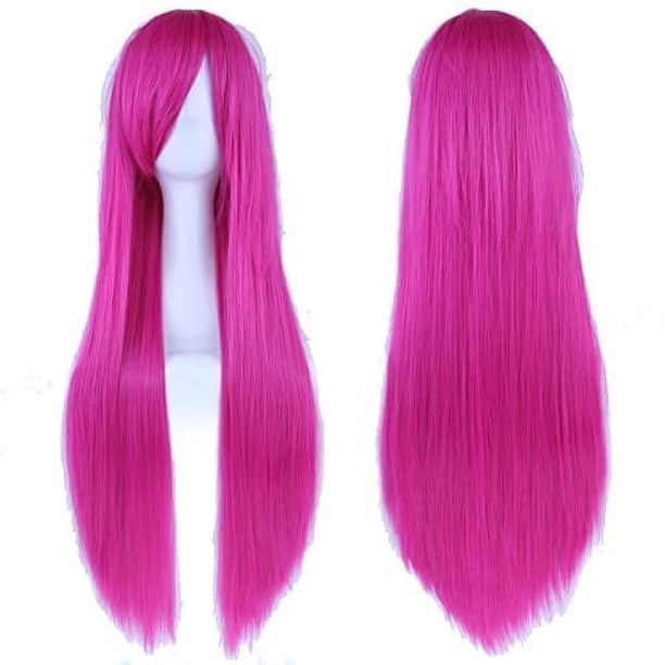 Zhuge Pelucas de cabello natural liso de 80 cm de largo para cosplay con flequillo, peluca colorida para fiesta de disfraces de Halloween para niña (rosa)