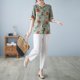 thumbnail image 4 of Camisa de manga corta ajustada con temperamento estampado artístico de algodón y lino de verano + pantalones de algodón y lino, 4 of 5