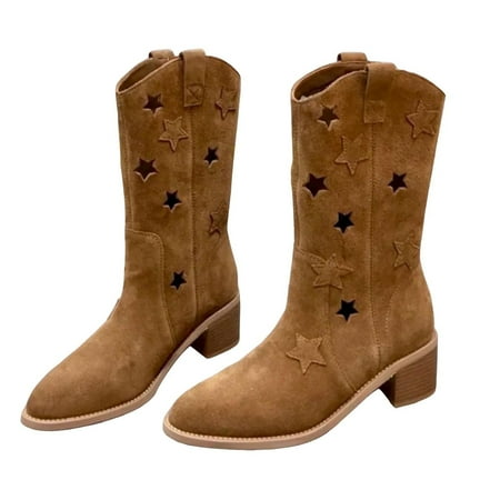 

PLLFRLRT Cowboy Boots for Women Star Pointed Toe Booties Western Cowgirl Boots Brown Mid Calf Low Heel Cowboy Boots(Brown 9.5)