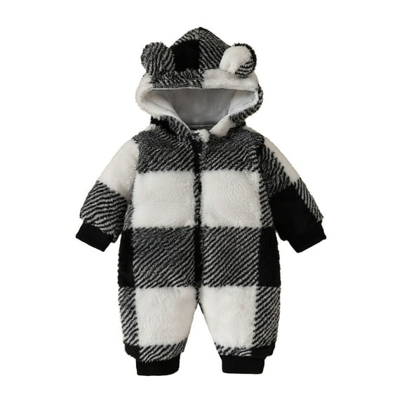 XFHLMJFF Bear Ears Jumpsuit Plaid Color Block Girls Boys Hooded Long Sleeve Romper Warm Coat Size 0-18 Months