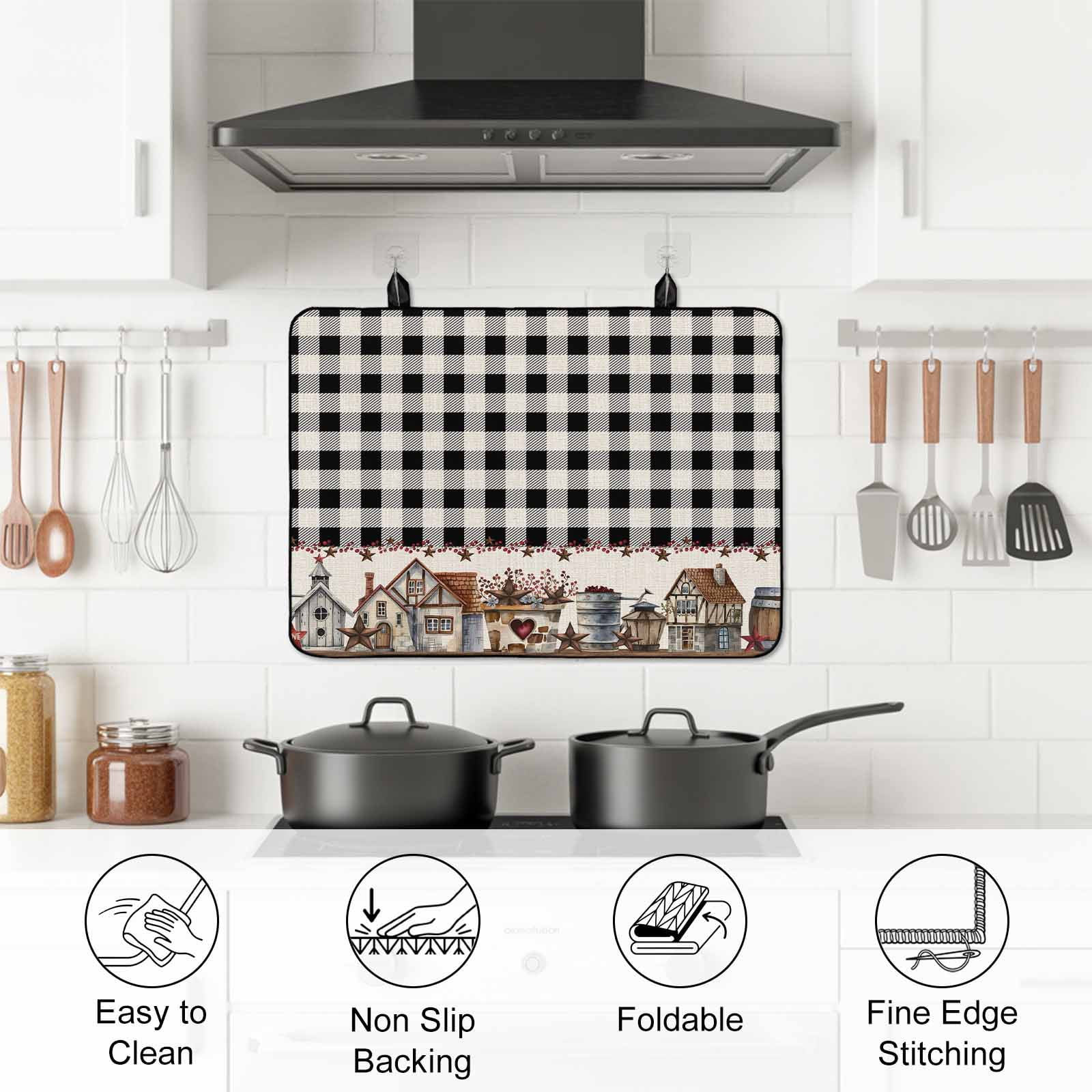 Farmhouse Stove Top Cover for Electric Stove, Heat-proof & Non Slip Glass Top Stove Cover Protector, American Country Star Barn Black Plaid Berry Kitchen Flat Cooktop Rubber Mat 24x21 Inches