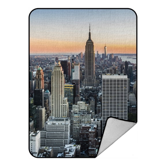 PHFZK City Blanket, New York Skyline at Sunset Fleece Blanket Crystal Velvet Front and Lambswool Sherpa Fleece Back Throw Blanket 58x80inches
