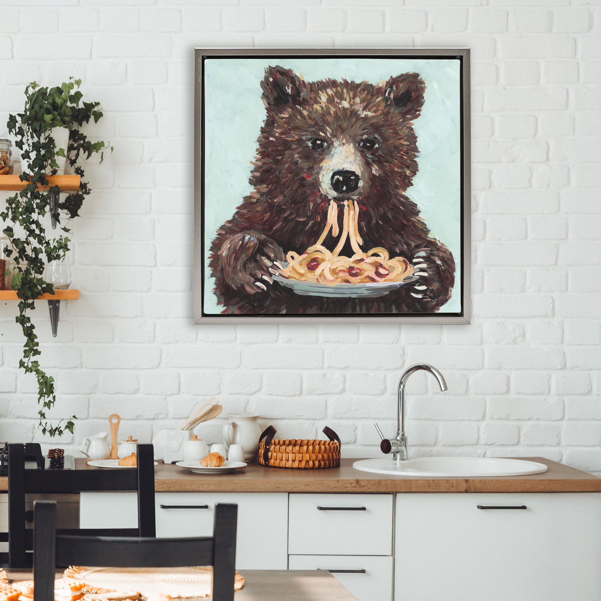 Whimsical Bear & Spaghetti Gray Framed Floater Canvas Wall Art, design by Studio Bautista
