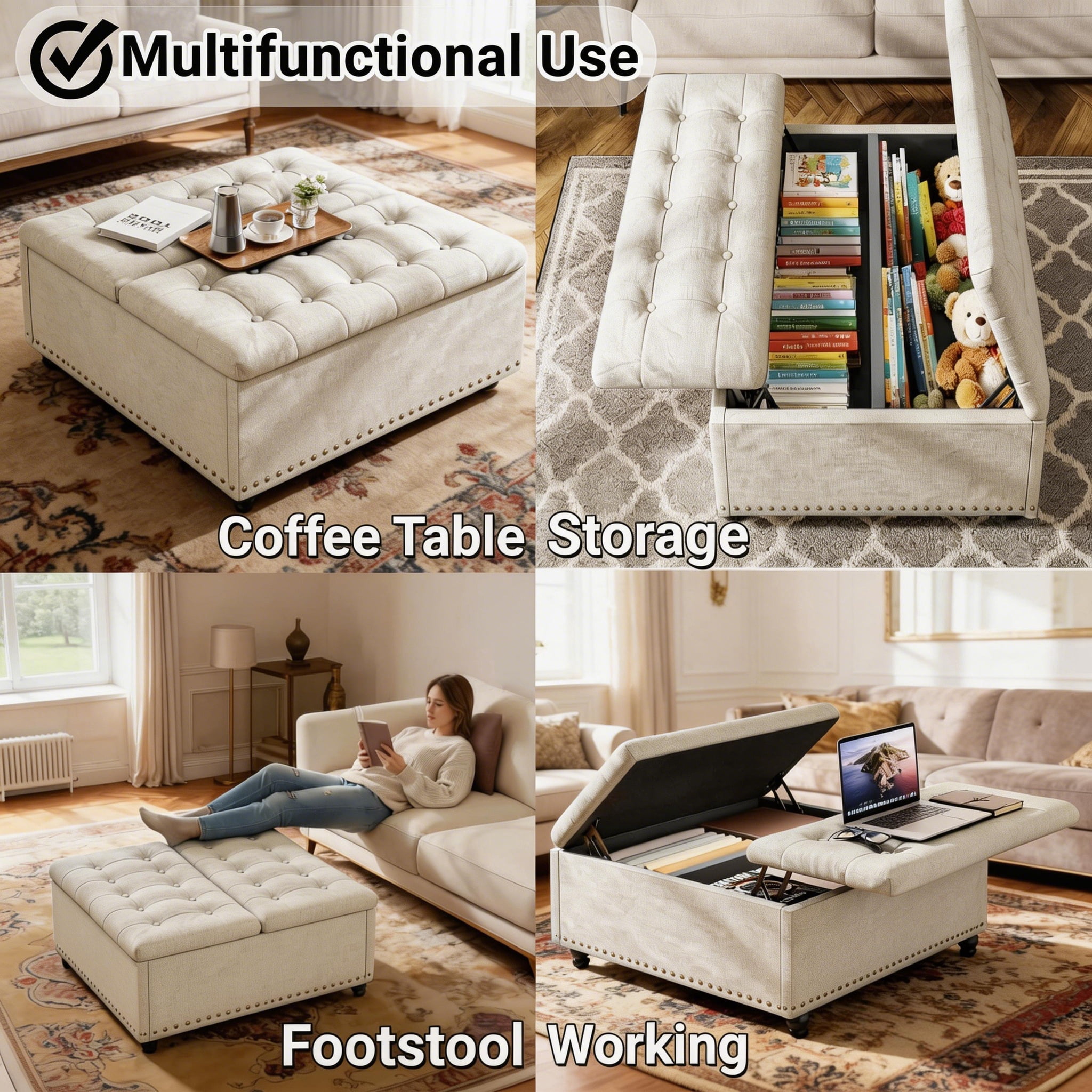 Kbun 33.5 inch Large Square Storage Ottoman, Tufted Upholstered Coffee Table with Lift Top & Solid Wood Legs, Oversized Storage Bench Ottomans Toy Box for Bedroom, Living Room, Entryway, White