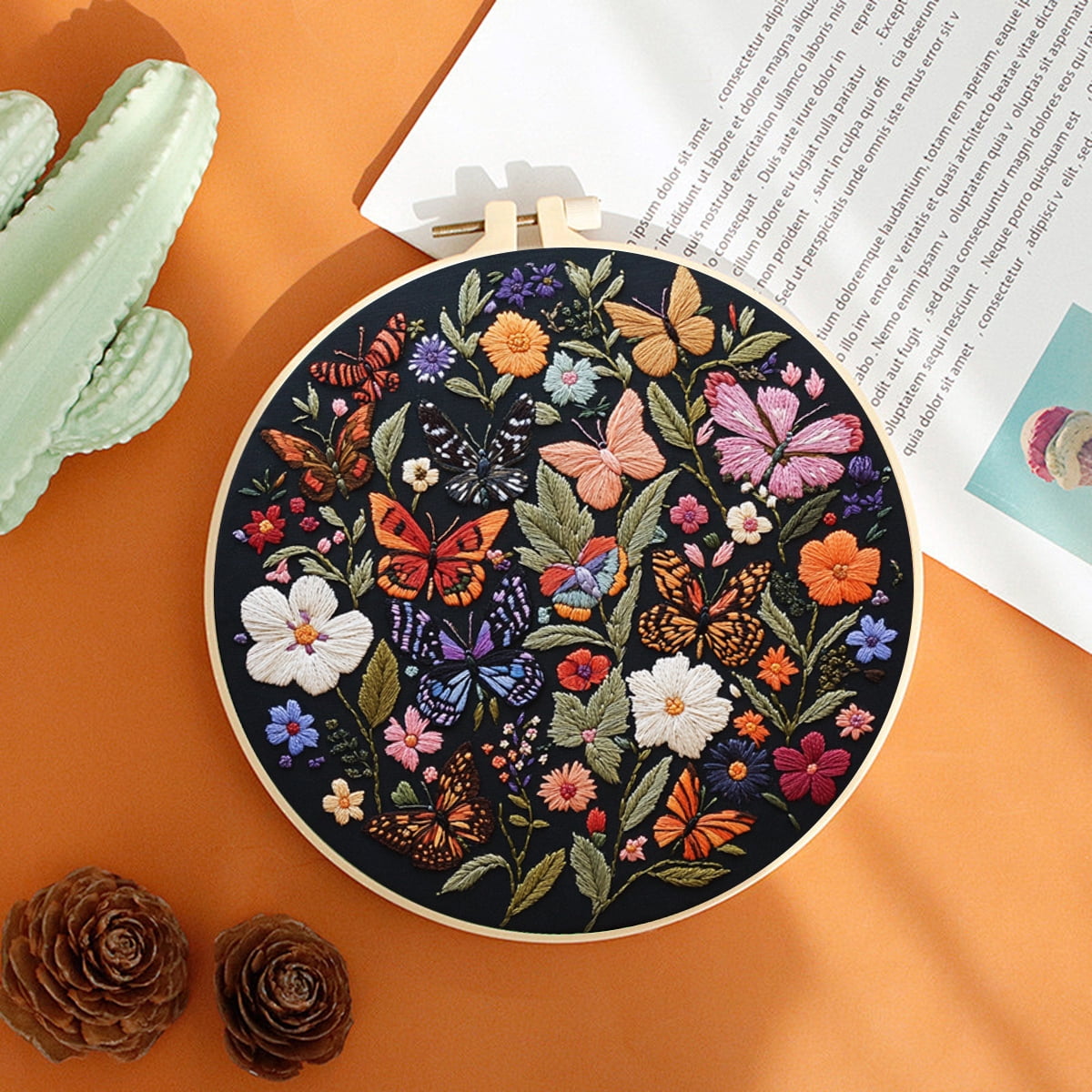 NEONWE 4 Set Embroidery Kit for Adult Beginner, Colorful Butterfly Vintage Flowers Rustic Stamped Patterns Kits Nature Funny Arts & Crafts Set, with Hoop, Colored Threads, Needles, and Instructions