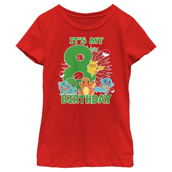 Girl's Pokemon It's My 8th Birthday Starters Graphic Tee Red Large