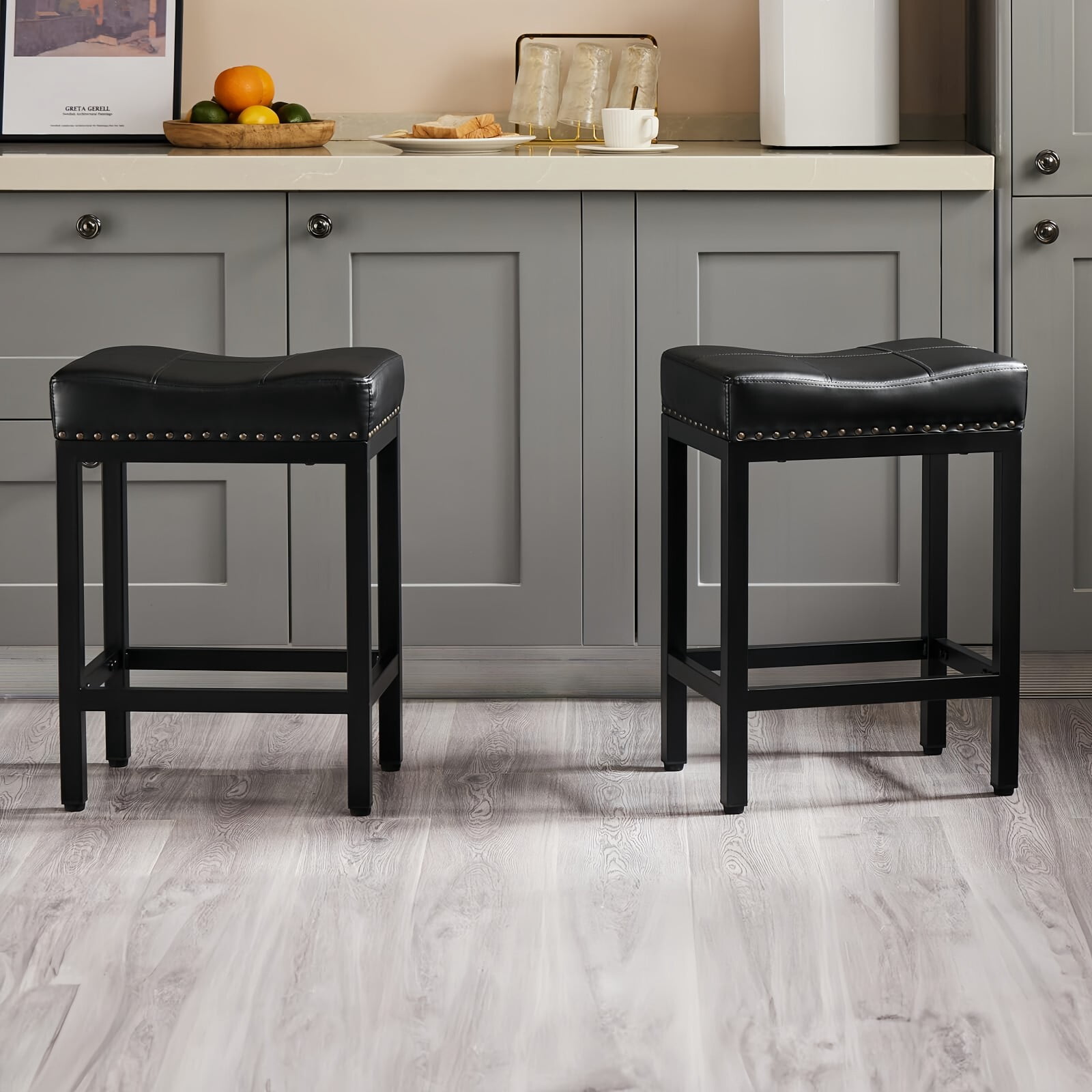 Kelno 24 Inch Saddle Bar Stool Set of 2 PU Leather Counter Stools with Steel Frame and Footrest, Black