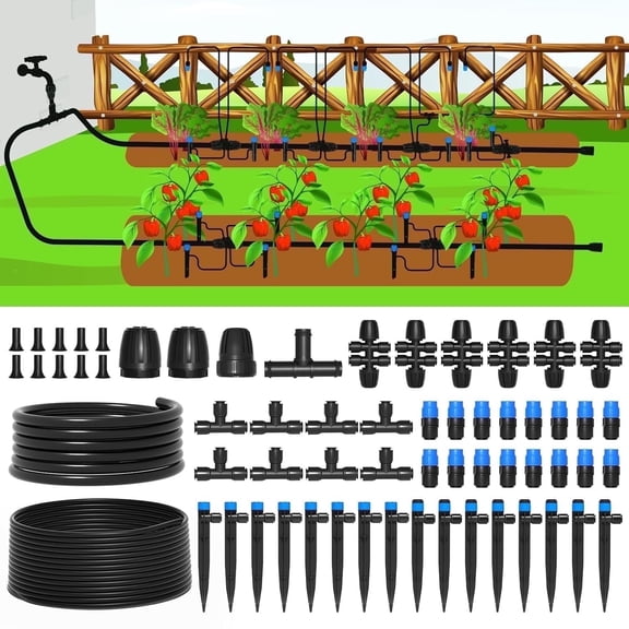 230FT Drip Irrigation Kit with Quick Connecter, Jorking Easy Connect Plants Irrigation System for Lawn Patio Raised Bed, 1/2 and 1/4 inch Irrigation Tubing and Barbed Fittings