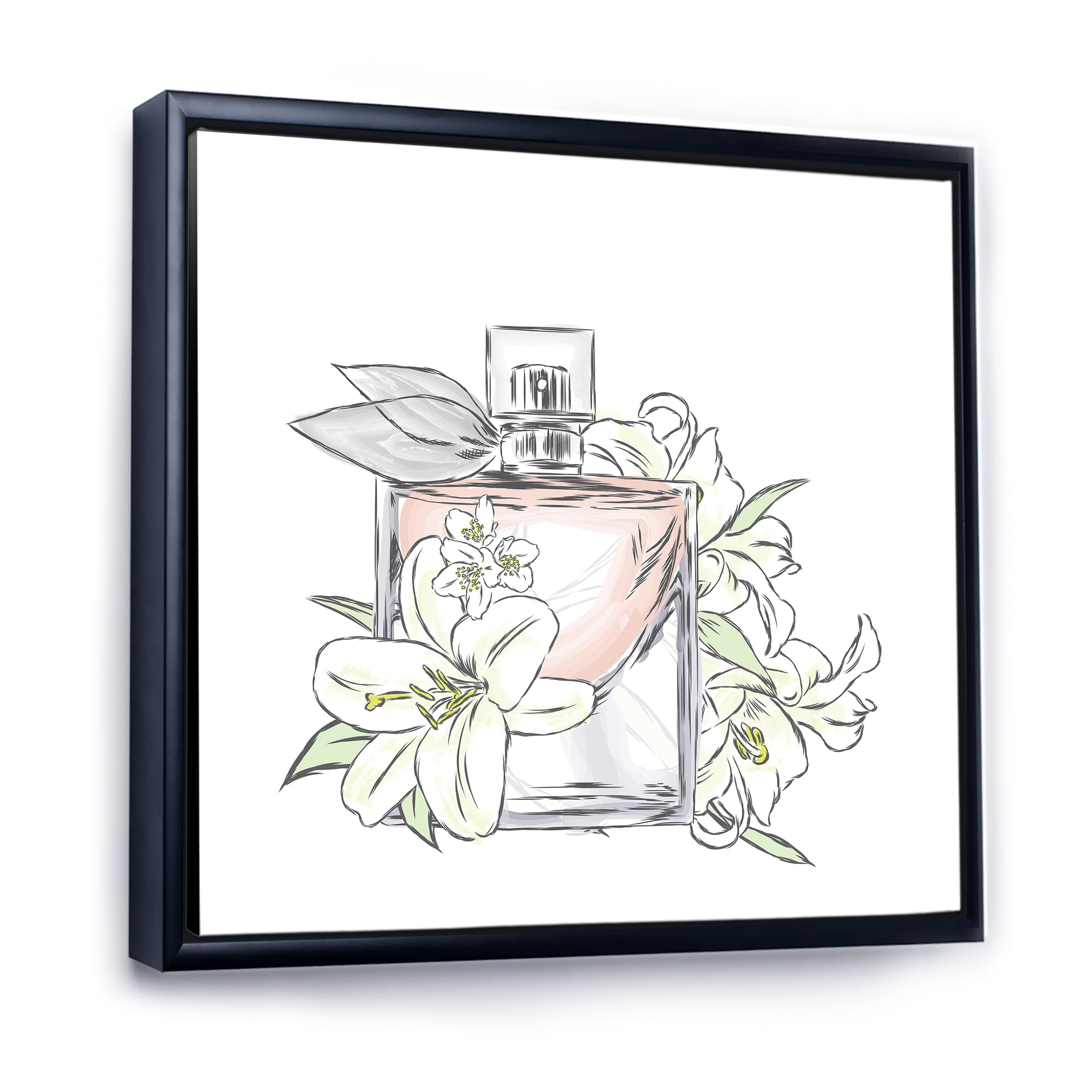 Bouquet of Flowers and Perfume Bottle II 36 in x 36 in Framed Painting Canvas Art Print, by Designart