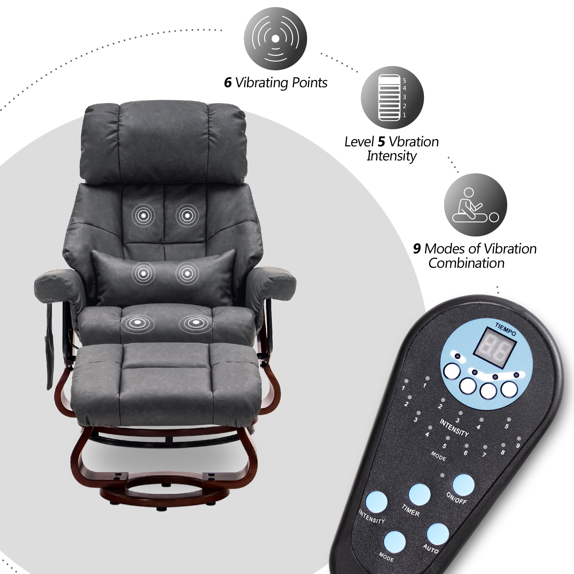 MCombo 360° Swivel Recliner with Ottoman, Lumbar Pillow, Vibration Massage Reclining Chair, Faux Leather(Dark Grey)