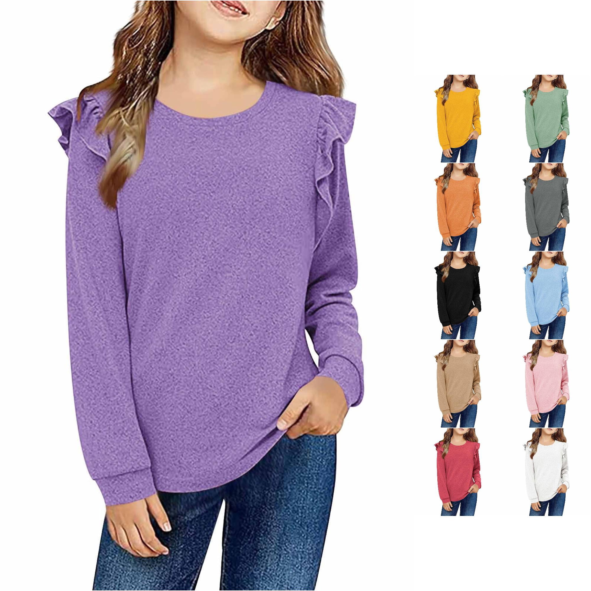 REDARER Ruffle Flutter Shoulder Soft Knit Long Sleeve Girls Crew Pullover for Autumn Winter School Daily Casual Tops 11-12 Years