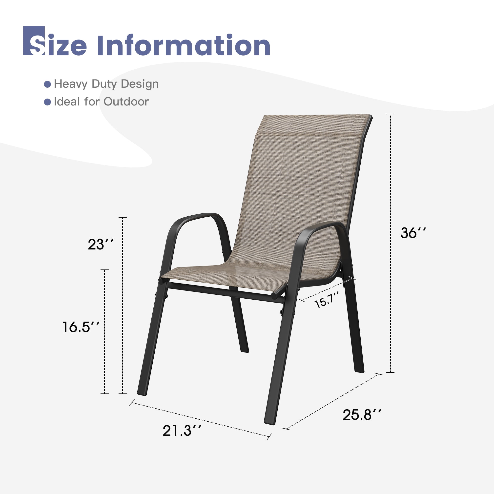 Vicllax Stackable Patio Dining Chairs Set of 4 , Modern Textilene Outdoor Chairs with Metal Frame for Garden, Backyard, Poolside,Black&Gray&Brown