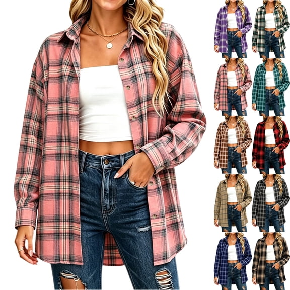 Plus Size Plaid Jackets for Women Fashion Lapel Button Cardigan With No Positioning Shirt Jacket Long Sleeved Top