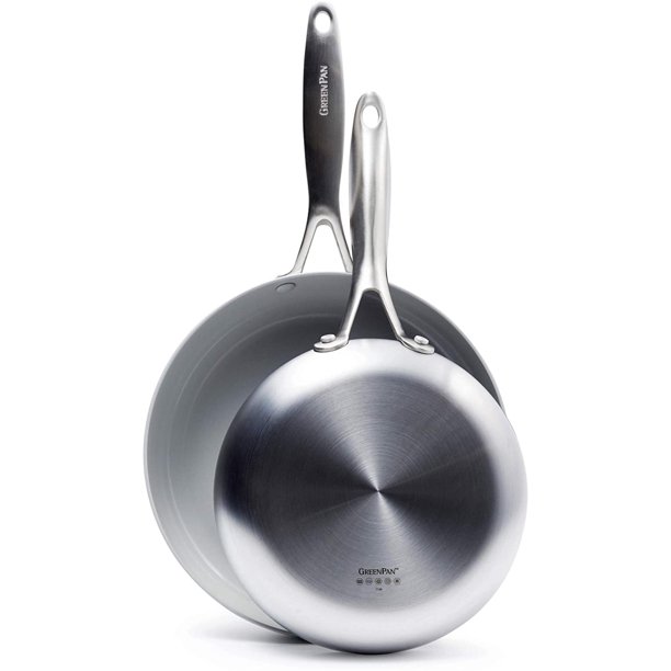 GreenPan Venice Pro Stainless Steel Healthy Ceramic Nonstick Light Gray Frypan Set, 10" and 12 
