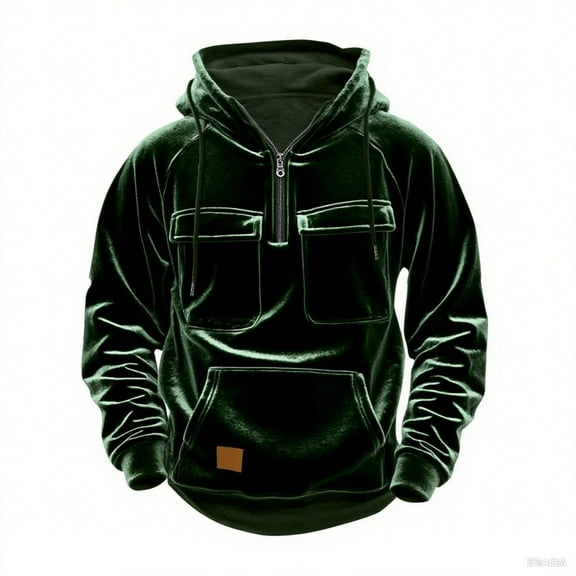 Tqyyweavej Men's Hoodies Pullover Velvet Velour 1/4 Zip Long Sleeve Hooded Drawstring Sweatshirt with Multi Pockets