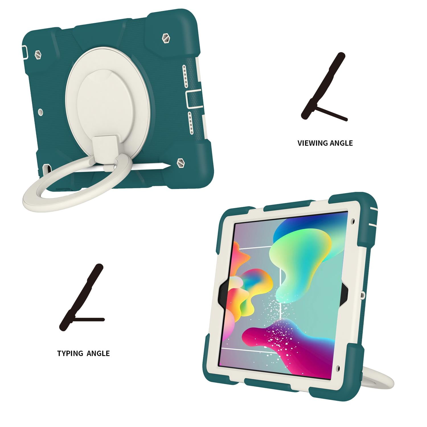 Allytech Case for iPad 9th/8th/7th Generation 10.2", Kids Case with 360° Rotating Folding Ring, Pencil Holder, Strap Drop-Proof Case for iPad 9/8/7 Gen 2021/2020/2019, Blackish Green