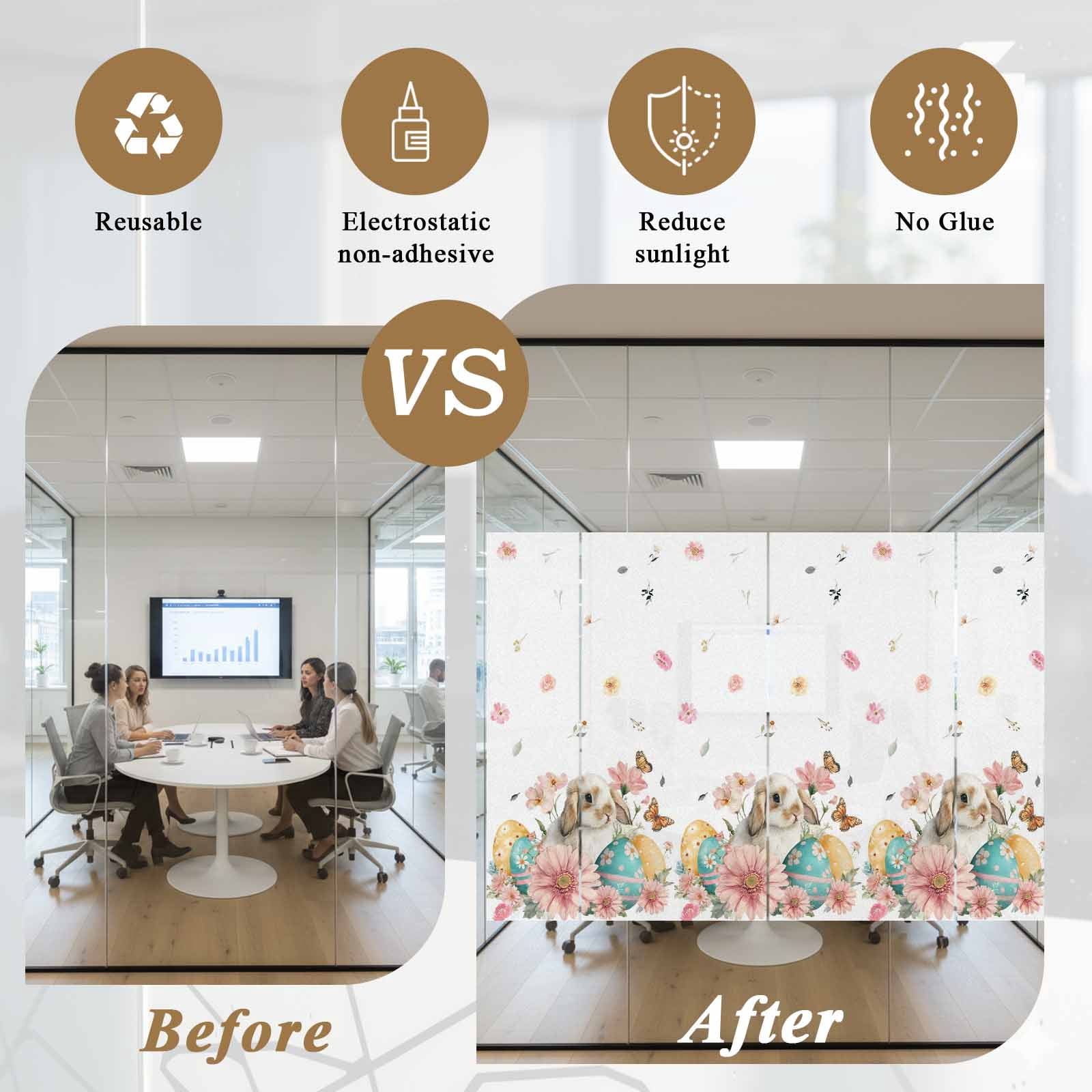 Easter Rabbit Window Privacy Film, Watercolor Bunny Eggs Pink Floral Butterfly Frosted Glass Window Clings Static Cling UV Heat Blocking Reusable Door Sticker for Bathroom 23.6 x 59 Inch