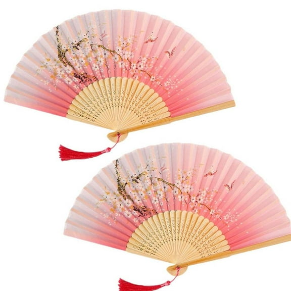 2 Pack Chinese Folding Hand Fan for Women, Silk Bamboo Wedding Dance Party Fans with Hollow Carving Fringe, Decorative Paper Fan for Home Decor