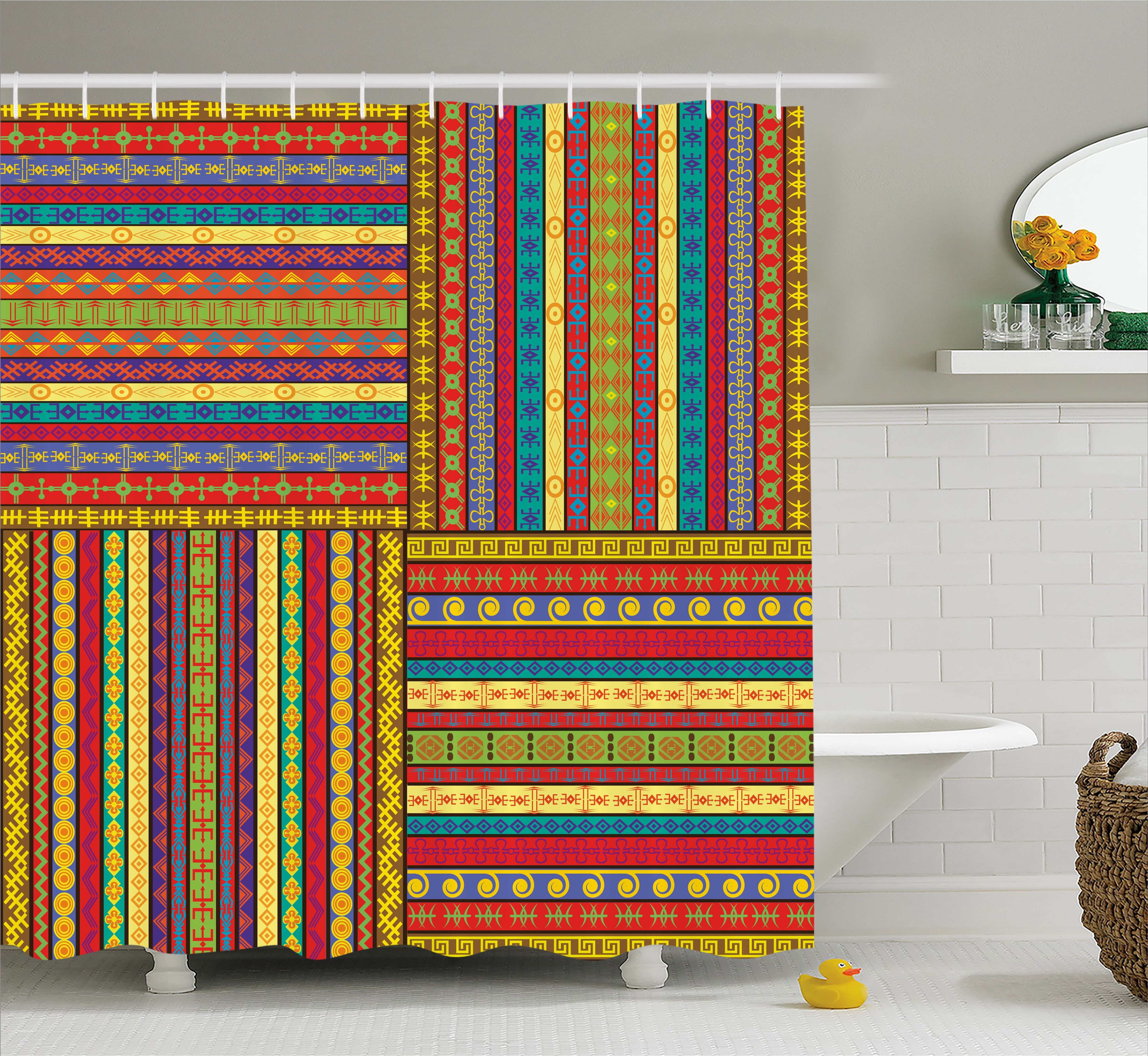 African Shower Curtain, Set of Ethnic Borders Pattern Old Fashioned Ancient Culture Colorful