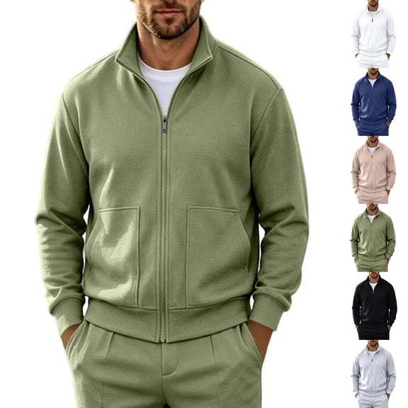 Men’s Waffle Knit Full Zip Track Jacket, Stand Collar Long Sleeve Casual Athletic Warm Outerwear Coat Size 3XL Army Green