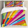 thumbnail image 1 of Vintage Rainbow Queen Size Duvet Cover Set, Burst of Vibrant Colored Lines Funky Graphic Disco Design from the Sixties, Decorative 3 Piece Bedding Set with 2 Pillow Shams, Multicolor, by Ambesonne, 1 of 3